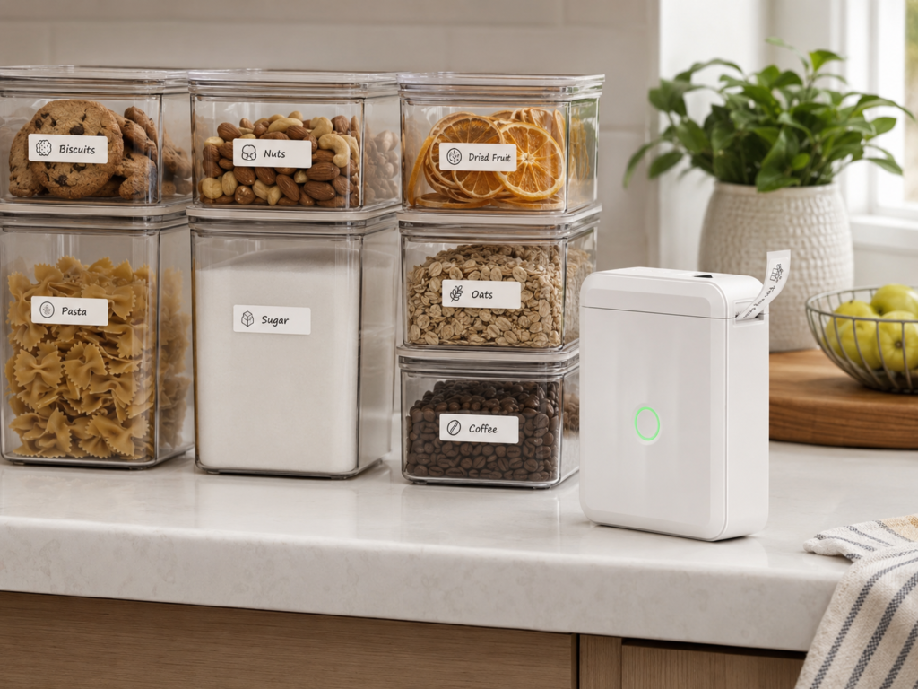 NIIMBOT label maker printing a label beside labeled kitchen storage bins