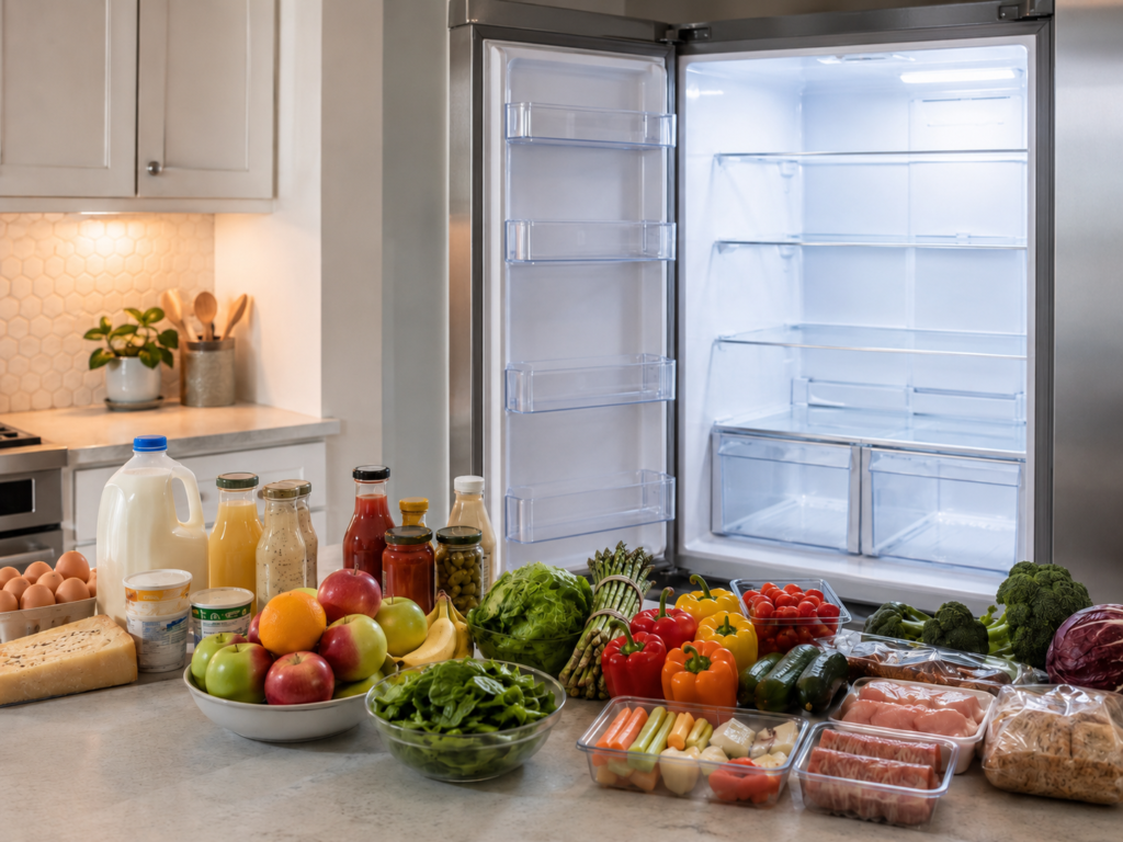 Empty, clean refrigerator with food items grouped by category on the counter nearby.
How to Organize your fridge?