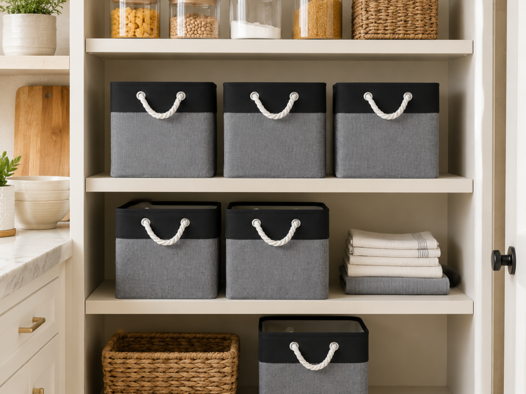 BOFUGA fabric storage cubes on open kitchen pantry shelving