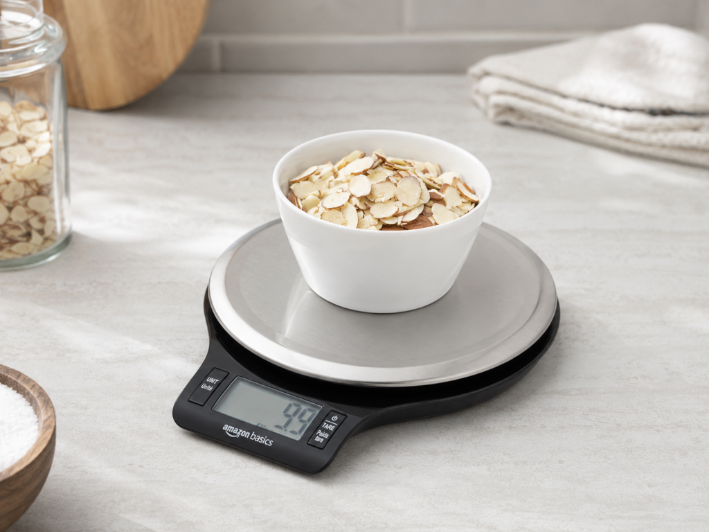 Amazon Basics kitchen scale review — digital scale weighing ingredients on a kitchen counter