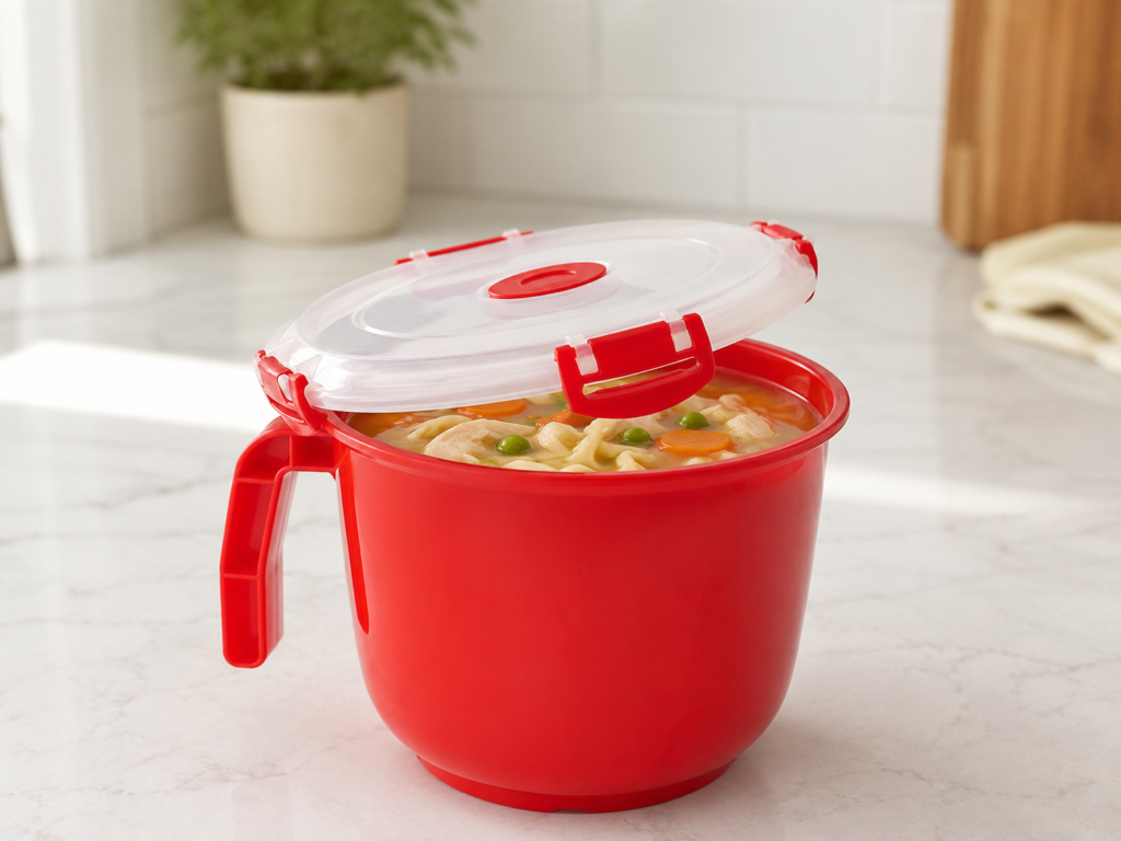 Tafura microwave bowl with lid holding soup, shown on a kitchen counter