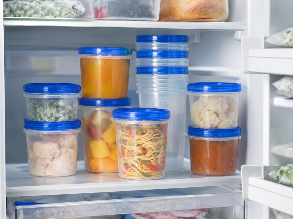 Tafura freezer containers with twist-top lids stacked in a freezer
