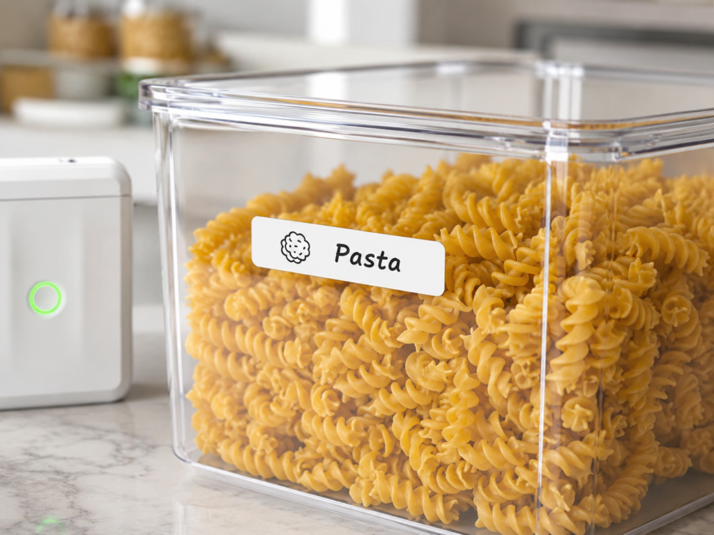 NIIMBOT label maker review showing a label on a clear pantry bin