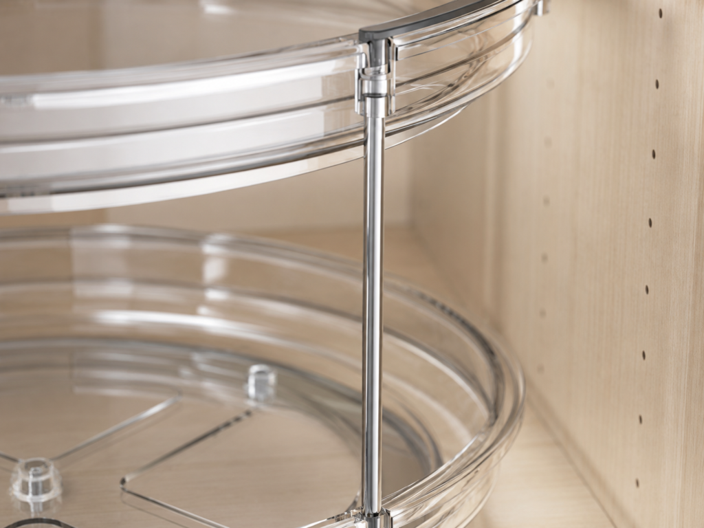 Close-up of the LAMU lazy susan organizer's metal rod connection between tiers