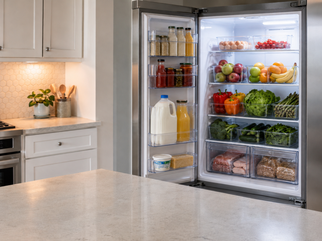 Clear fridge organization bins neatly arranged on a shelf with food grouped by category.