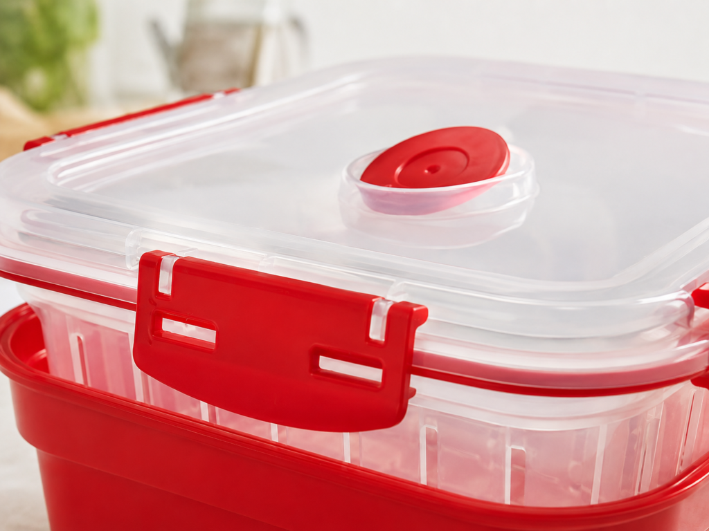Close-up of the Tafura microwave steamer basket's locking lid and steam vent tab
