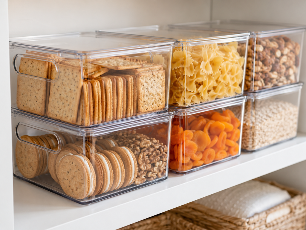Close-up of stacked ClearSpace Pantry Bins with lids showing organized pantry items