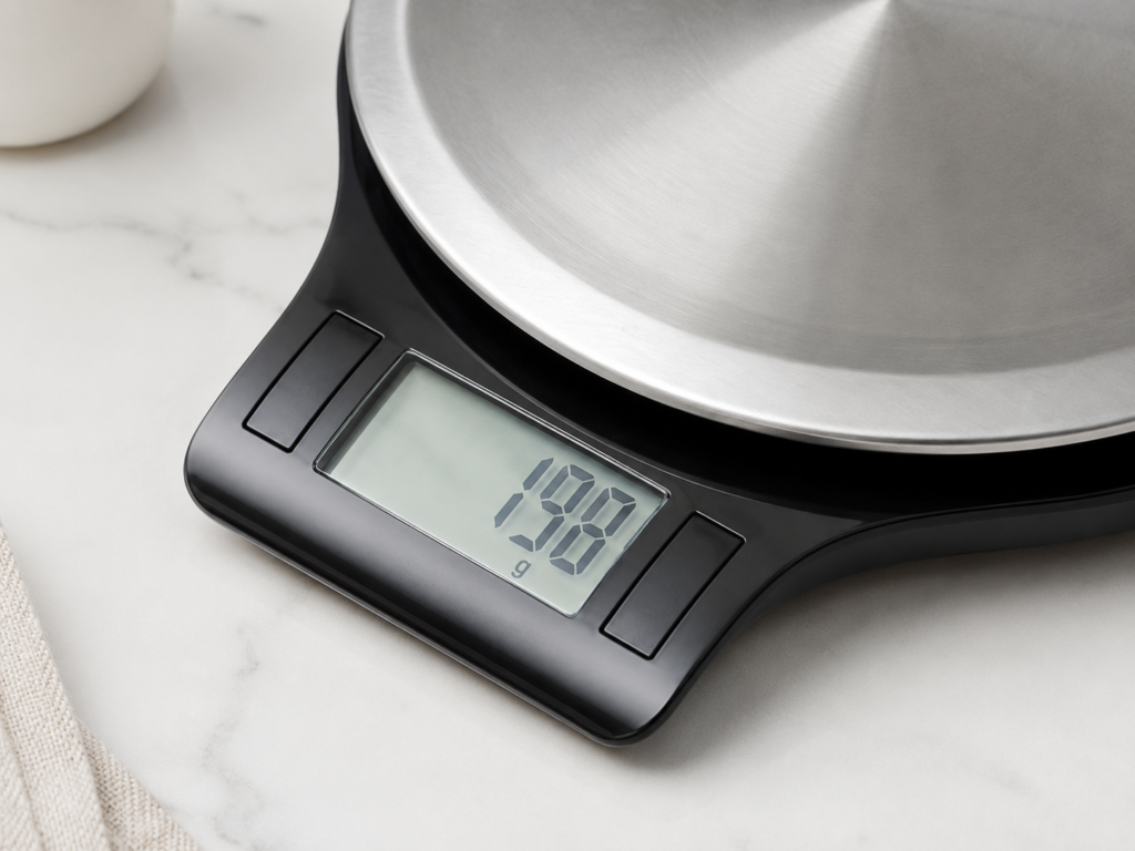 Close-up of the Amazon Basics kitchen scale LCD display showing weight in grams