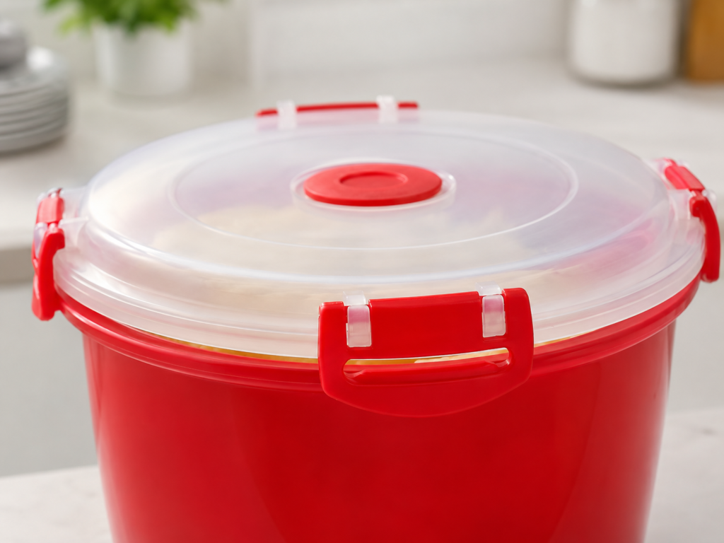 Close-up of the Tafura microwave bowl's vented lid and locking clips