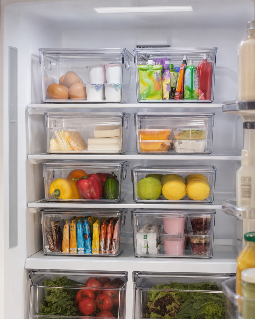 ClearSpace Pantry Bins stacked in an organized fridge