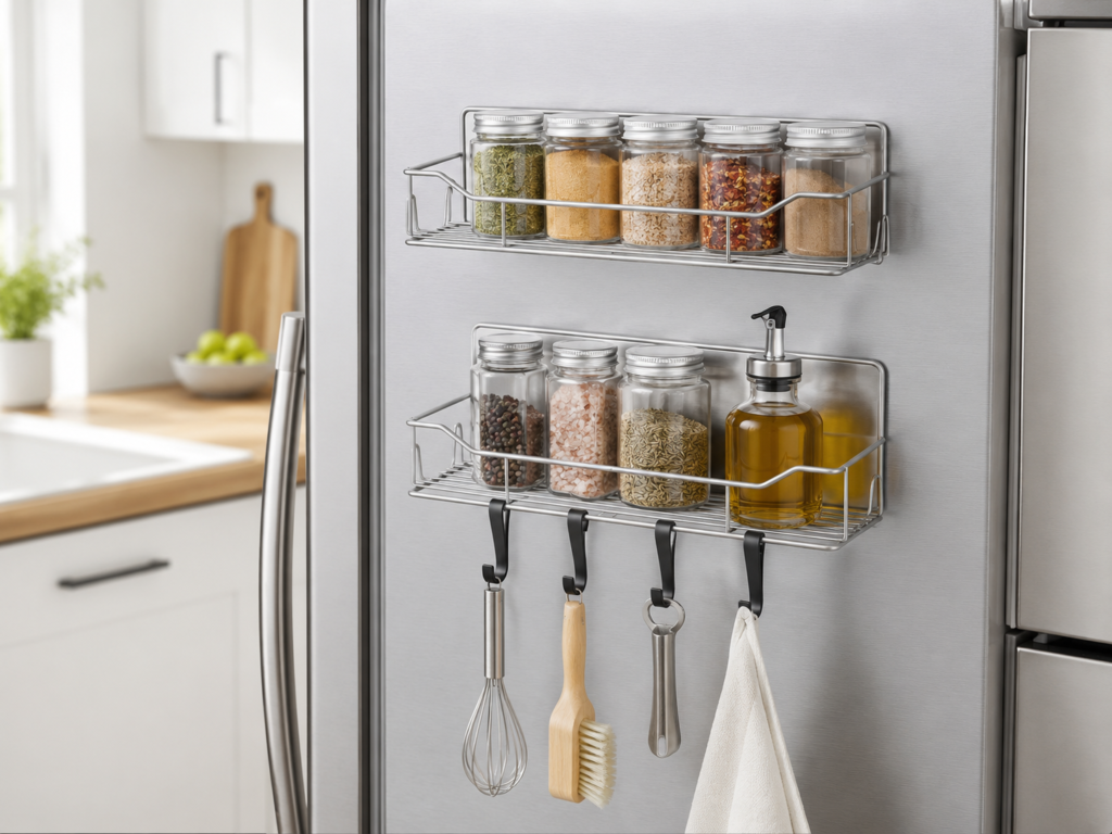 Magnetic Fridge Organizer attached to a refrigerator for storing spices and kitchen utensils