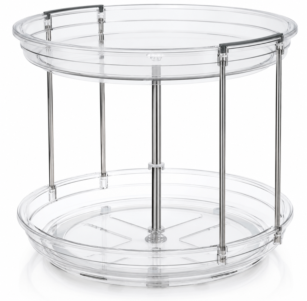Clear 2-tier Lazy Susan turntable for organizing spices and pantry items inside kitchen cabinets