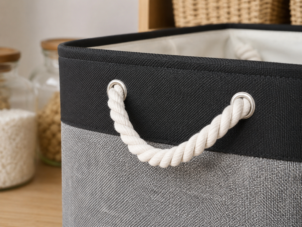 Close-up of BOFUGA fabric storage cube cotton handle detail