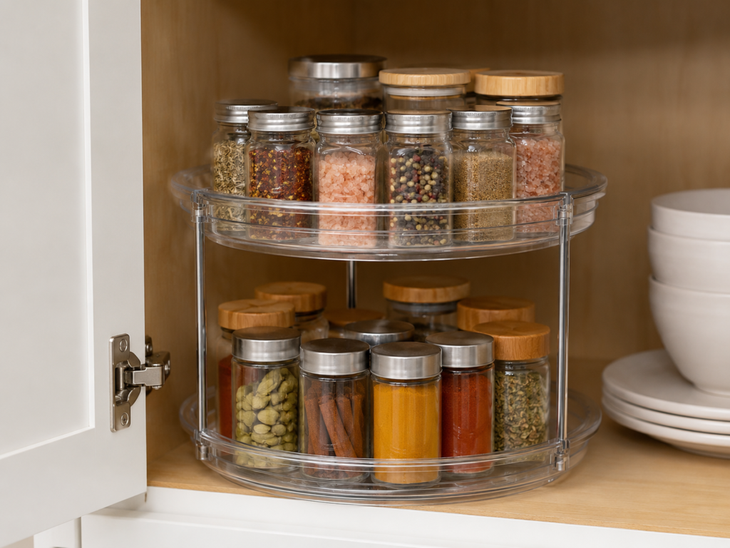 LAMU lazy susan organizer review — clear 2-tier turntable holding spice jars in a cabinet