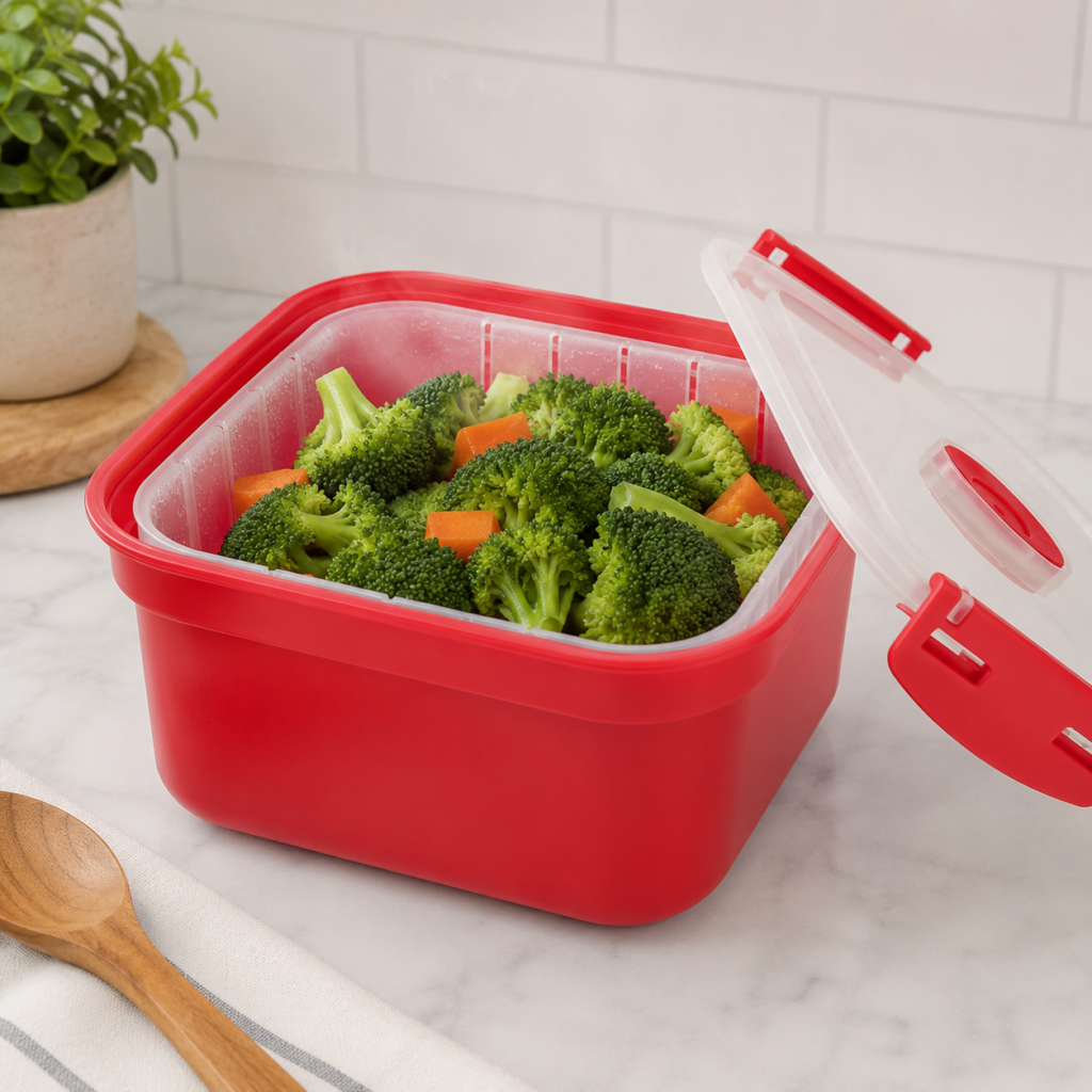 Tafura microwave steamer basket with vegetables steaming inside, lid open