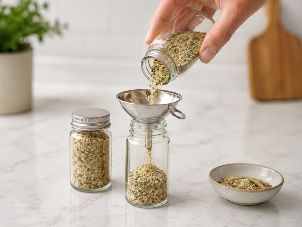 Fox Run kitchen funnel being used to refill a spice jar