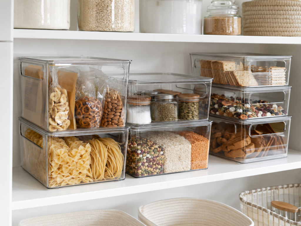 ClearSpace Pantry Bins with lids stacked neatly on a pantry shelf