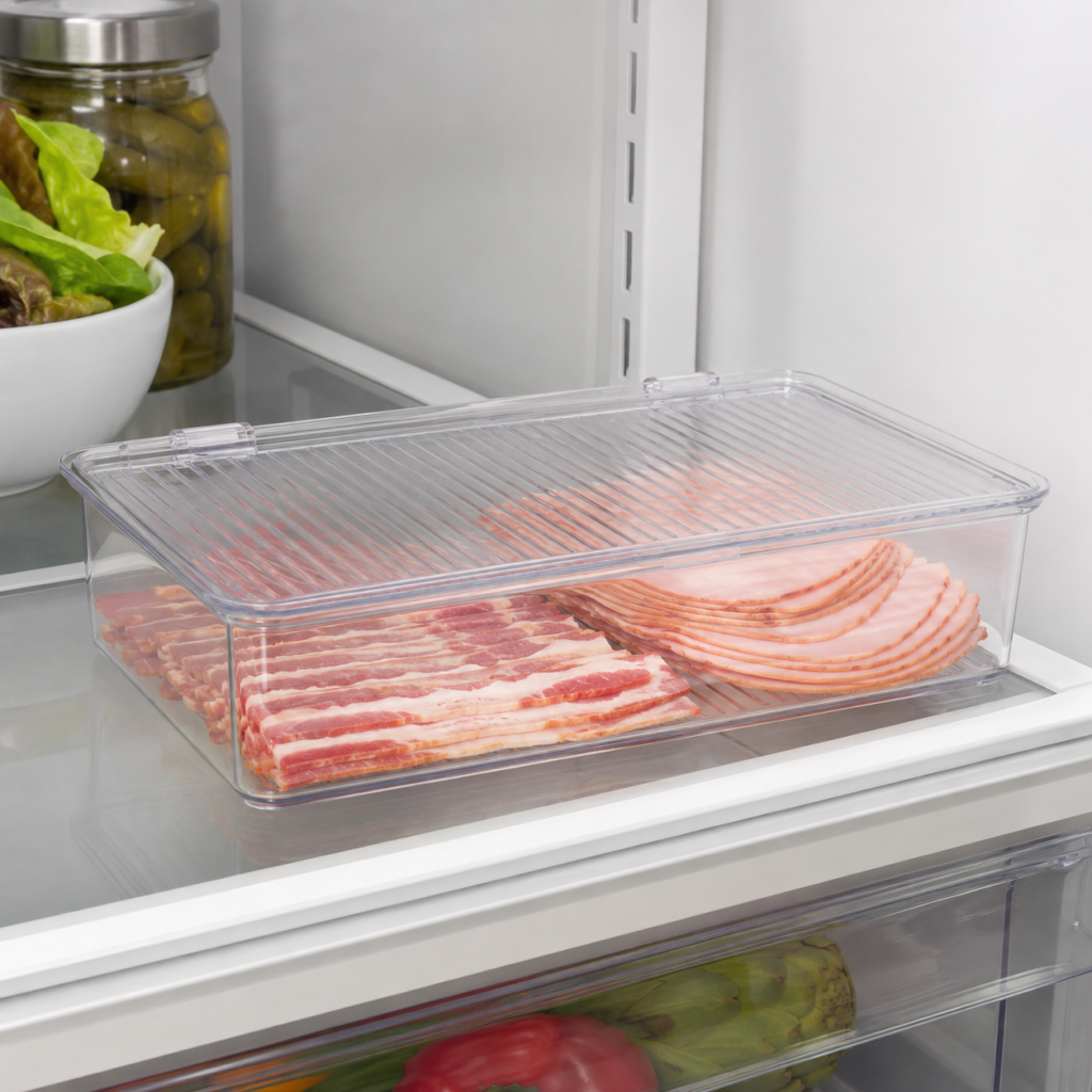 Tafura bacon container review — clear fridge container storing bacon and deli meat