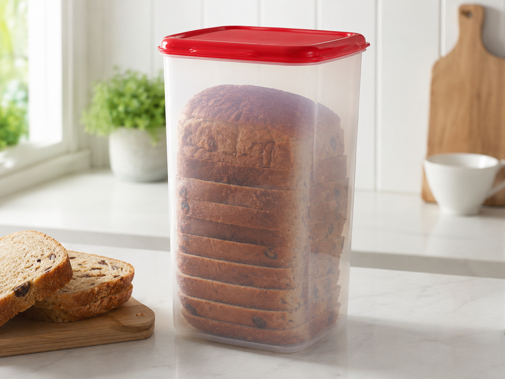 Tafura bread container review — bread stored upright in an airtight plastic bread box on the counter