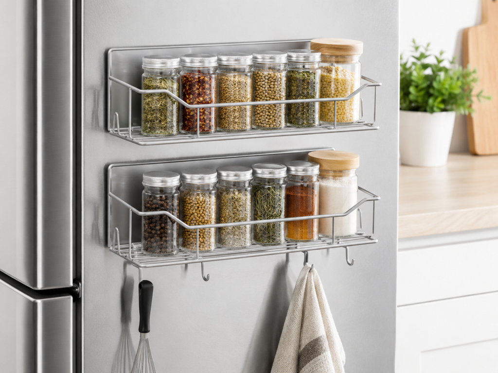 IYEBAU magnetic fridge organizer attached to the side of a refrigerator holding spices