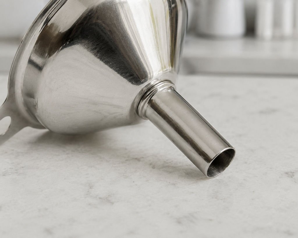 Close-up of the Fox Run kitchen funnel's stainless steel spout
