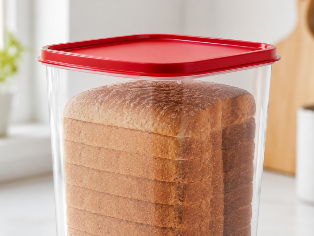 Close-up of the Tafura bread container's airtight lid and tapered upright base