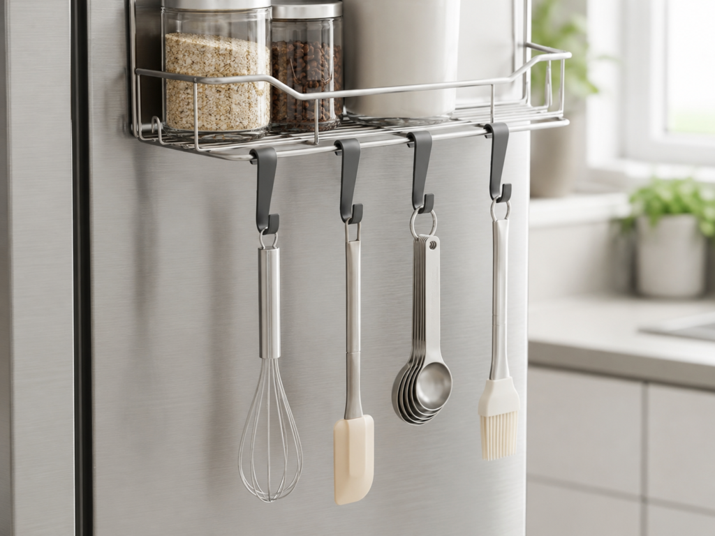 Close-up of the IYEBAU magnetic fridge organizer hook rack holding kitchen utensils
